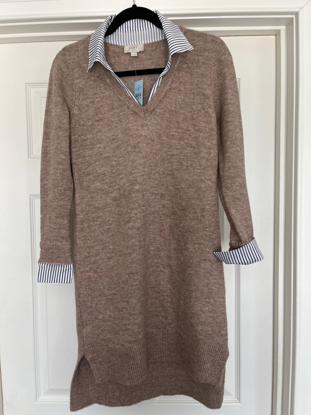 LOFT Beige/brownV-Neck Sweater dress with built in Striped Shirt Collar